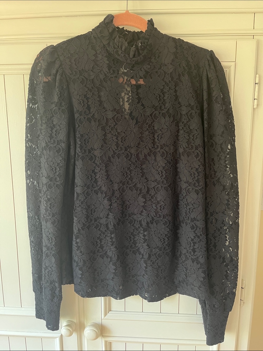 Red Haute Black Lace Mock-Neck Blouse
Size Large